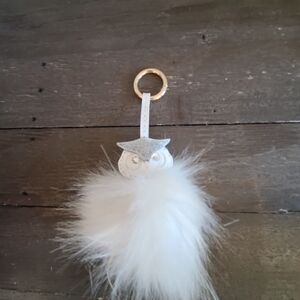 Fluffy Owl Leather Bag Charm Keychain with Jewel Eyes New
